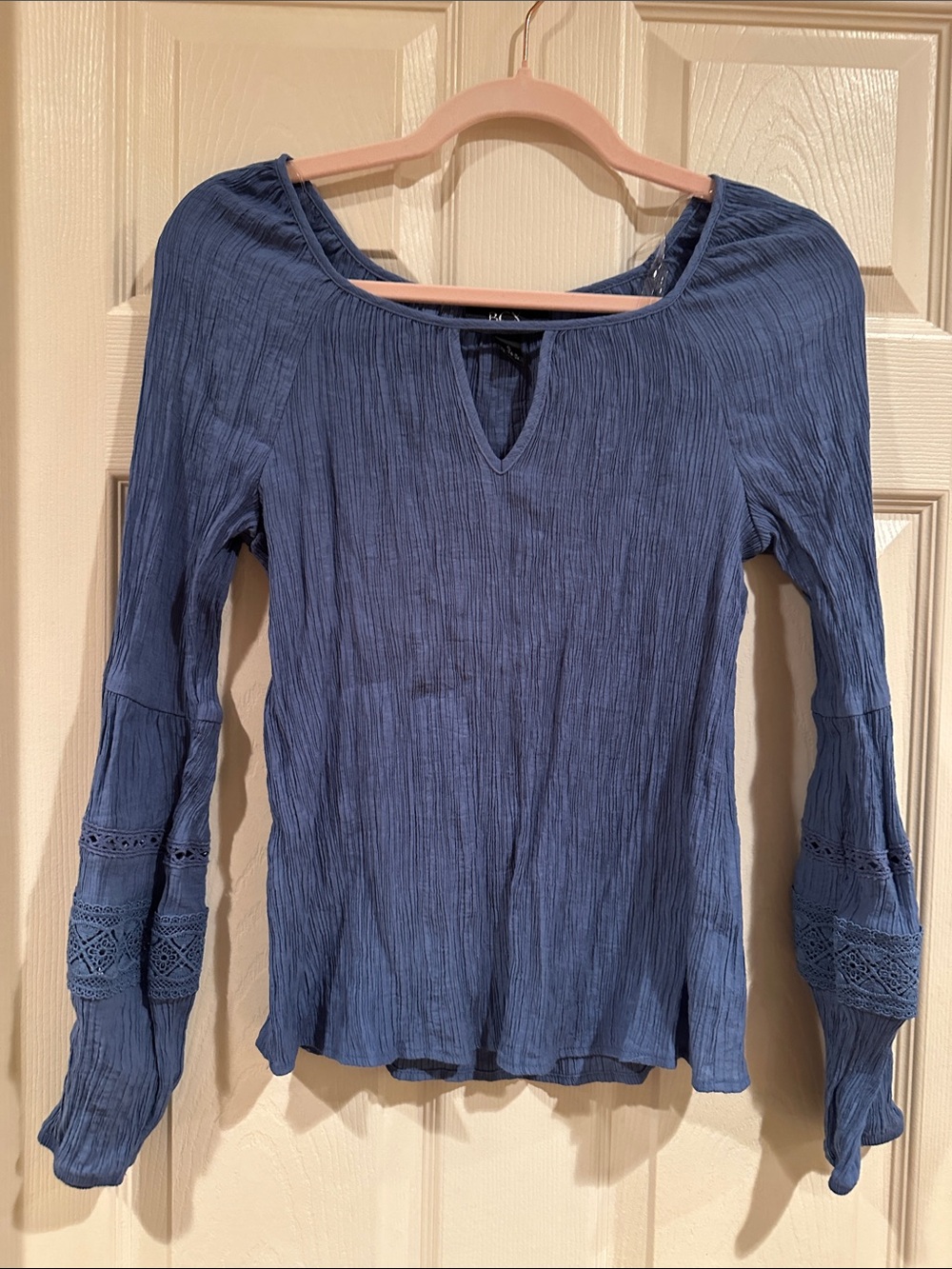 BCX Slate Blue Long-Sleeve Textured Peasant Top
